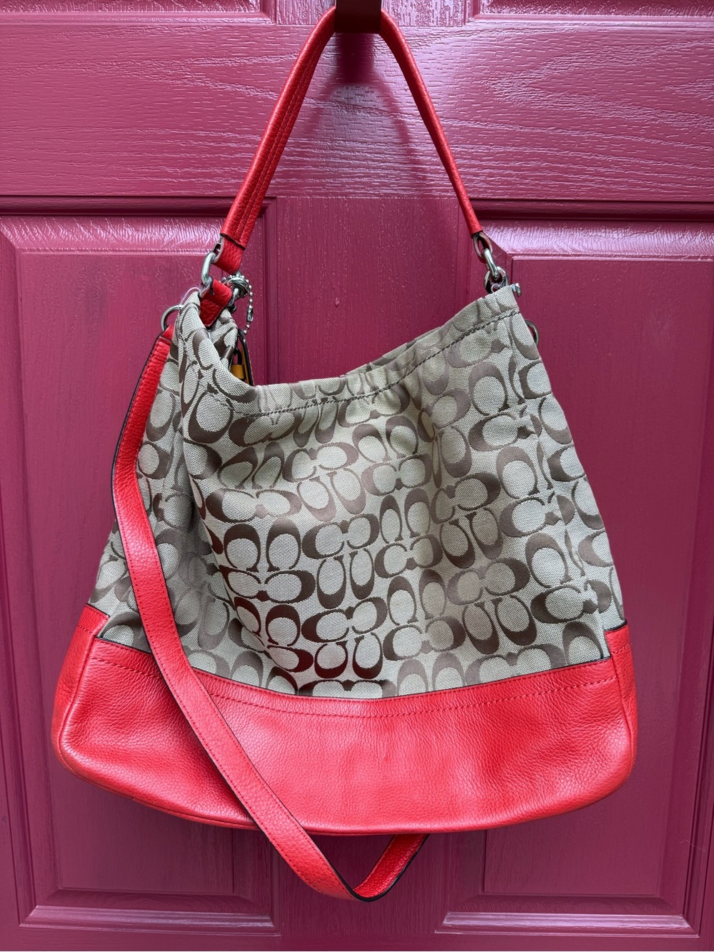 Coach Signature Canvas Hobo Bag with Red Leather Trim